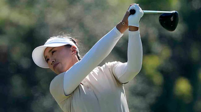 Amy Yang plays her shot from the 3rd tee during the final round of the 2023 LPGA CME Group Tour Championship golf tournament.